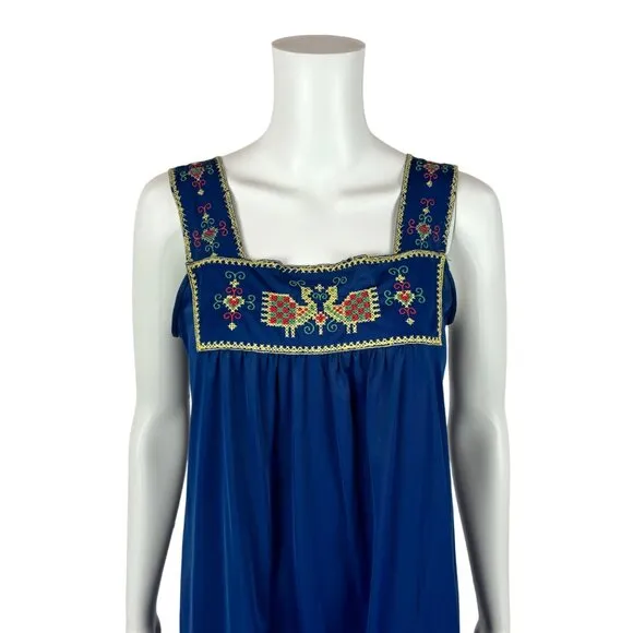 Vintage 70s Boho Nightie Women's Small Gilead Navy Embroidered Shift Lingerie
