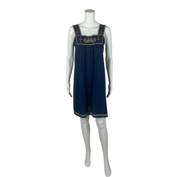 Vintage 70s Boho Nightie Women's Small Gilead Navy Embroidered Shift Lingerie