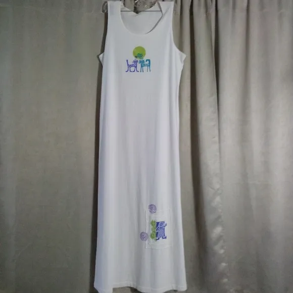 Vintage 90's Focus 2 Piece Dress Set White with Cat Theme Size L