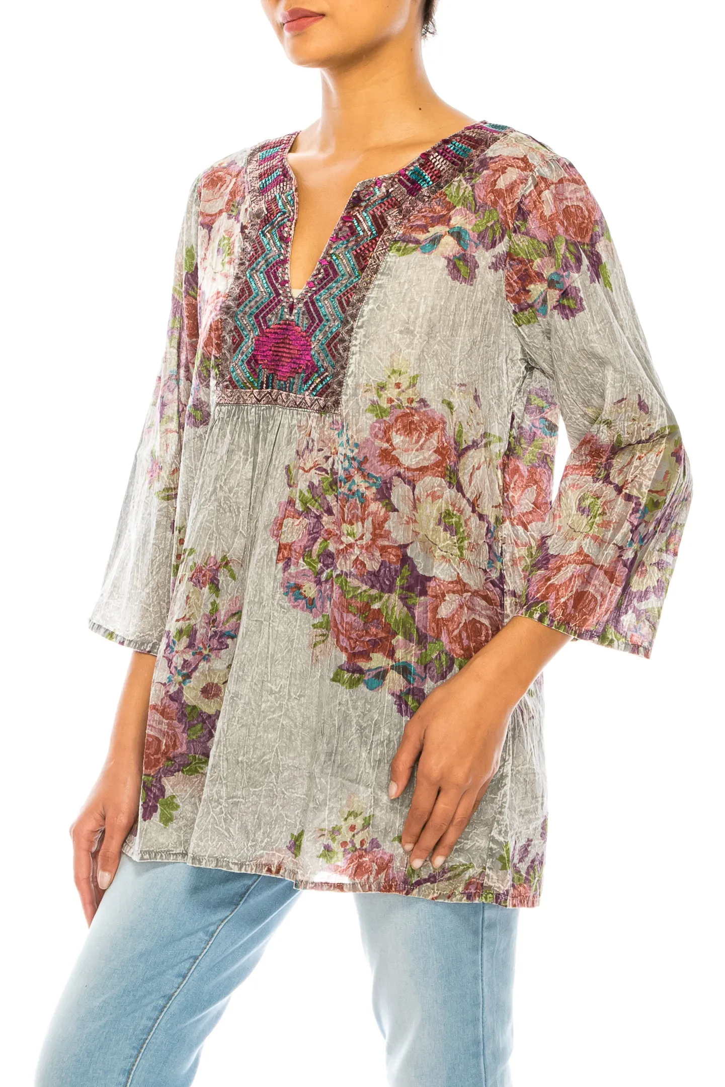 Vintage Boho Floral Tunic with Embroidery