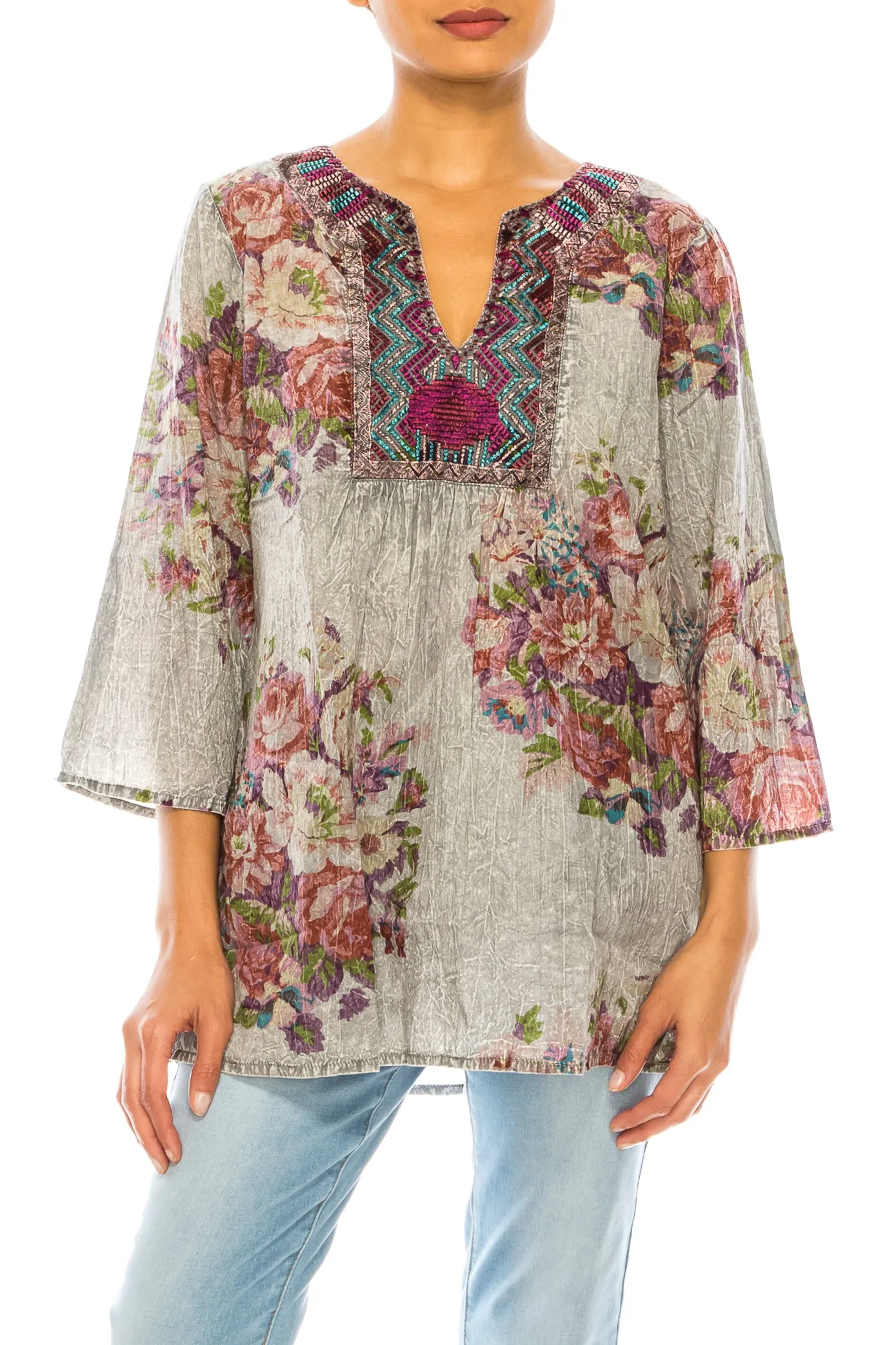 Vintage Boho Floral Tunic with Embroidery