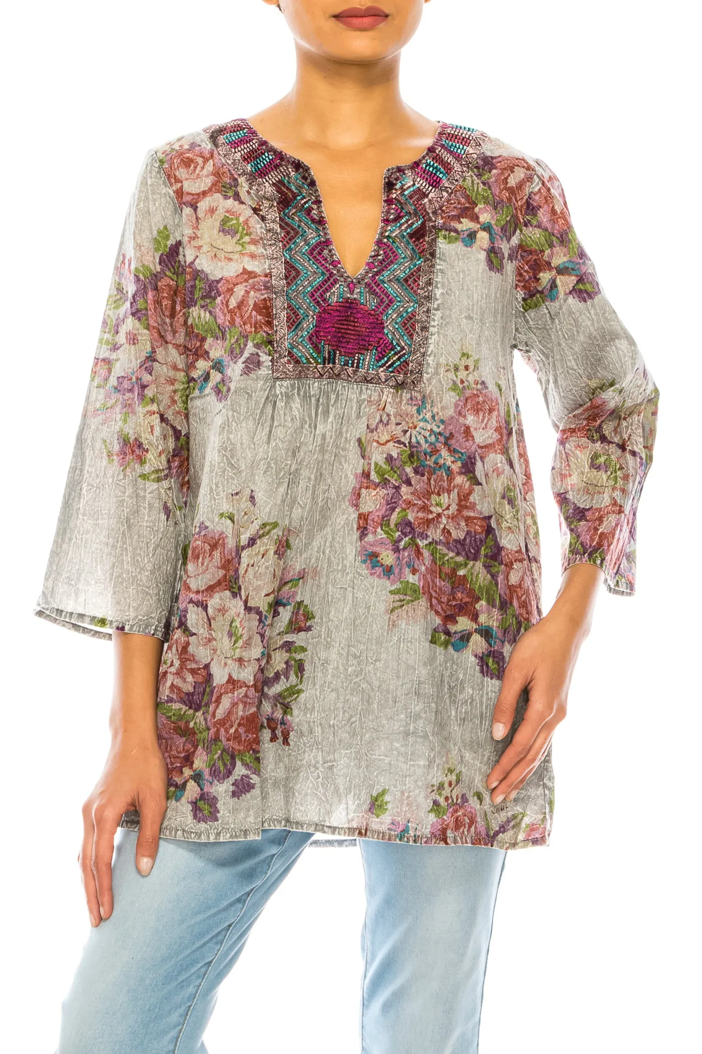 Vintage Boho Floral Tunic with Embroidery
