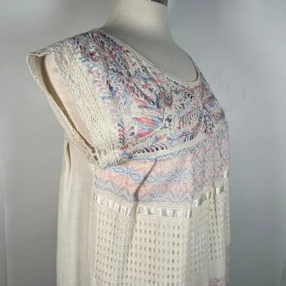 Vintage Women's Embroidered Night Dress S/M Pink Purple Short Sleeve Telar Boho