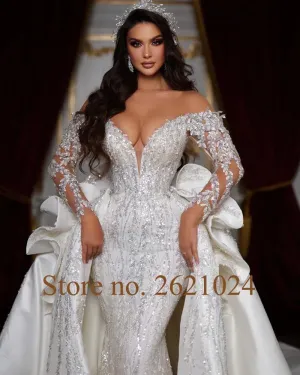 Wedding Guest Dresses: Crystal Sequins Long Sleeve 2 pieces Mermaid Wedding Dress