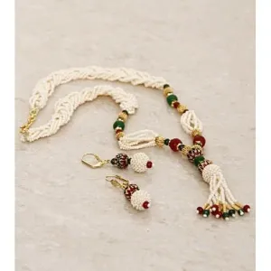 White And Red Embellished Necklace Set With Meenakari
