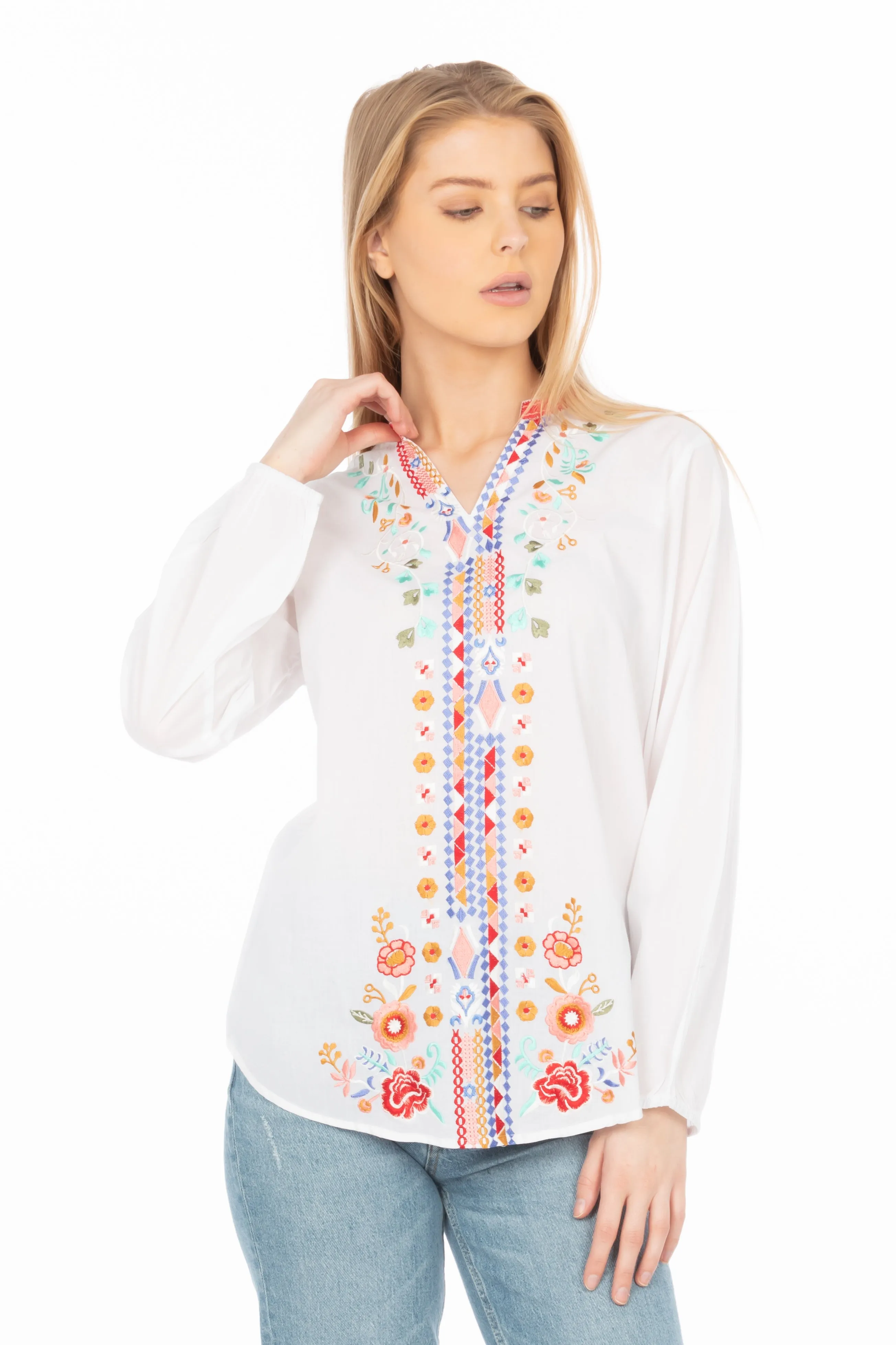 White Boho Blouse with Floral Embroidery