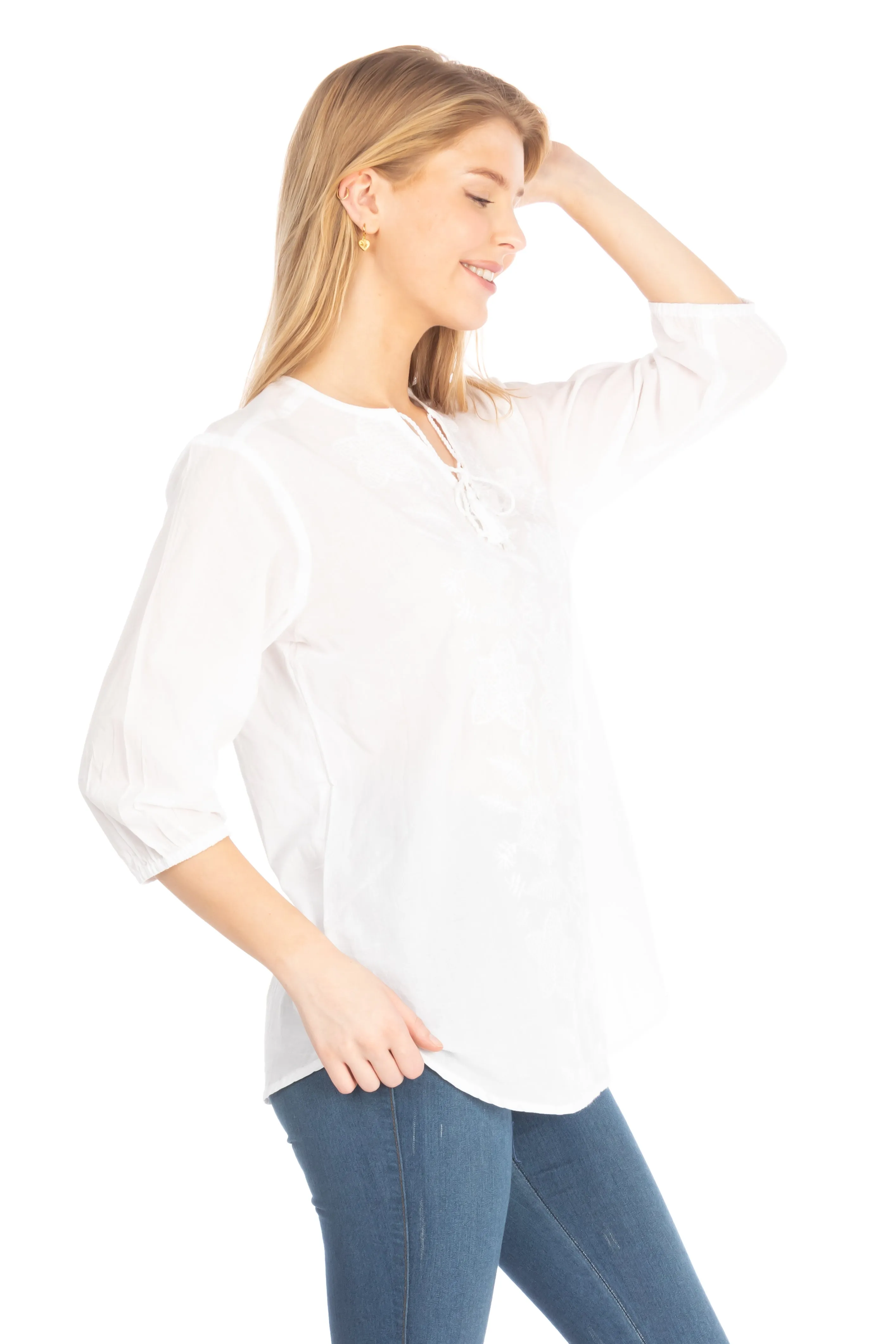 White Tunic with Floral Embroidery and Drawstrings
