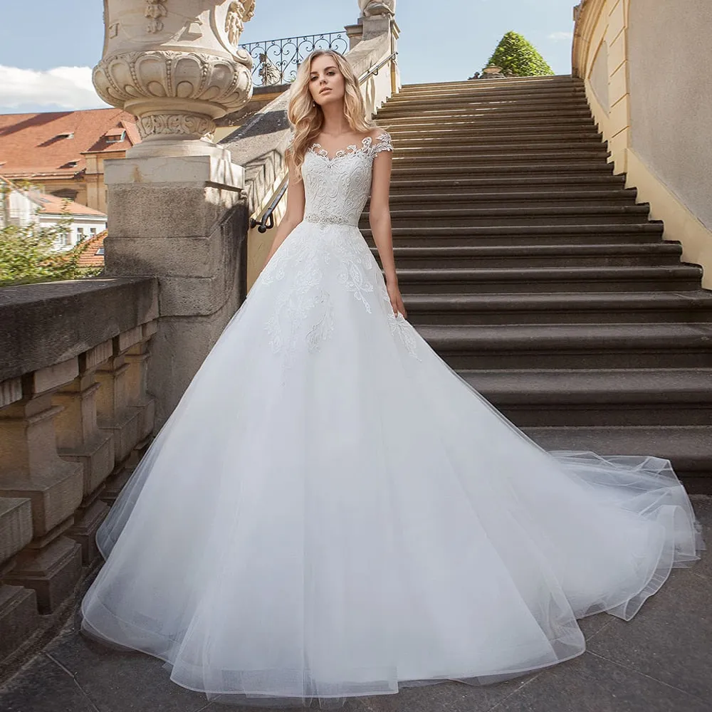 White Wedding Dress Robe Mariee Shiny Beading Crystal Sequined Waist Appliques Tulle Bridal Gowns Suknie Slubne