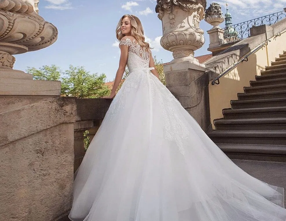 White Wedding Dress Robe Mariee Shiny Beading Crystal Sequined Waist Appliques Tulle Bridal Gowns Suknie Slubne