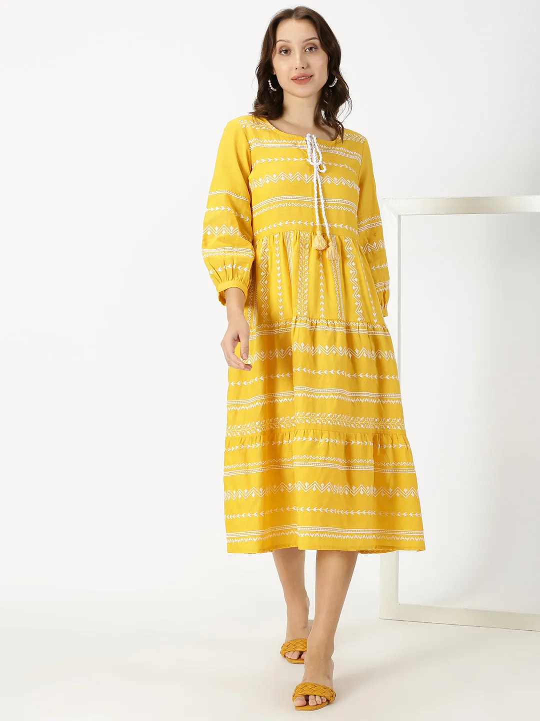 Yellow Embroidered Tiered Boho Midi Dress