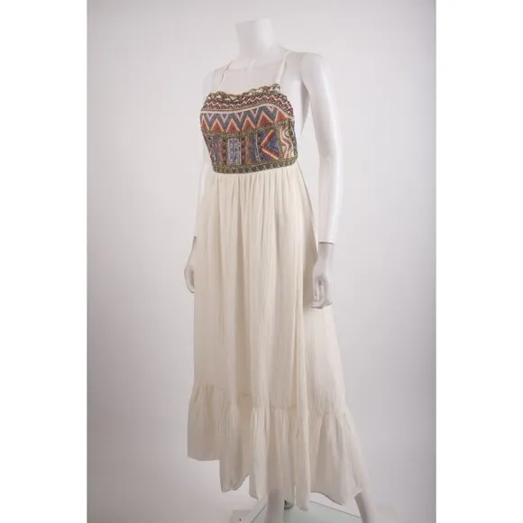 Zara Womans Boho Maxi Dress Size L White Aztec Embroidered beaded 3798/023 NWd