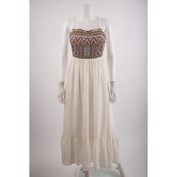 Zara Womans Boho Maxi Dress Size L White Aztec Embroidered beaded 3798/023 NWd