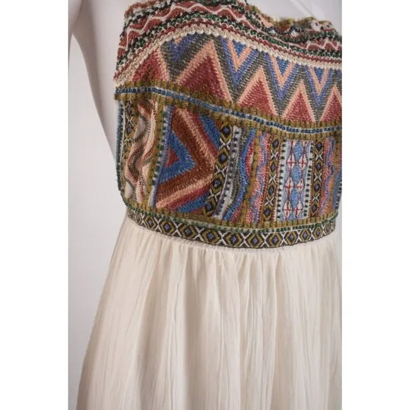 Zara Womans Boho Maxi Dress Size L White Aztec Embroidered beaded 3798/023 NWd