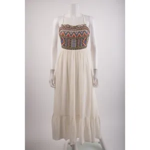 Zara Womans Boho Maxi Dress Size L White Aztec Embroidered beaded 3798/023 NWd