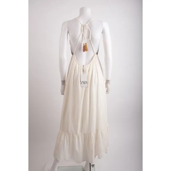 Zara Womans Boho Maxi Dress Size L White Aztec Embroidered beaded 3798/023 NWd