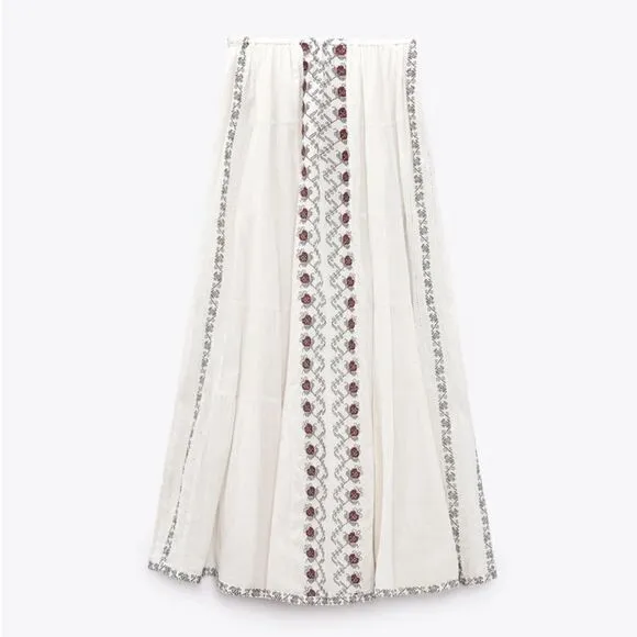 ZARA BOHO LONG EMBROIDERED SKIRT