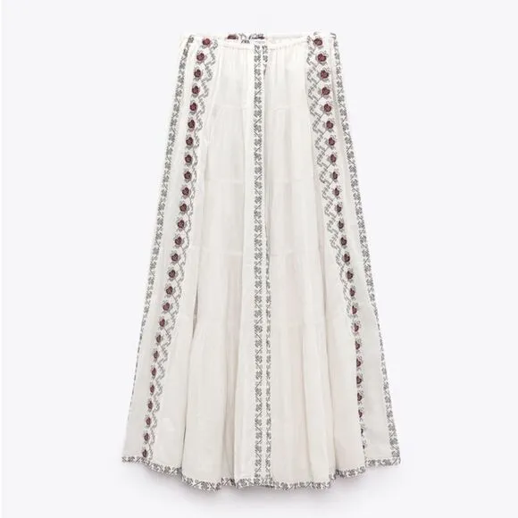ZARA BOHO LONG EMBROIDERED SKIRT