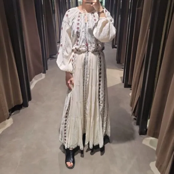 ZARA BOHO LONG EMBROIDERED SKIRT