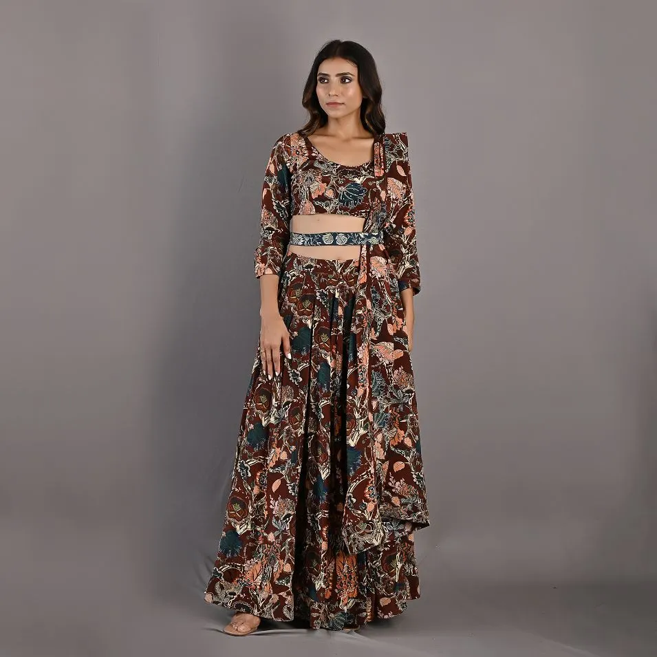 Zaria- Maroon & Multi Printed Lehenga with Embroidered Blouse & Belt Set