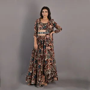 Zaria- Maroon & Multi Printed Lehenga with Embroidered Blouse & Belt Set