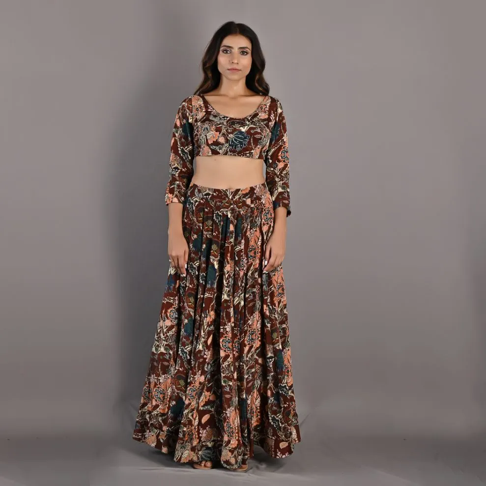 Zaria- Maroon & Multi Printed Lehenga with Embroidered Blouse & Belt Set