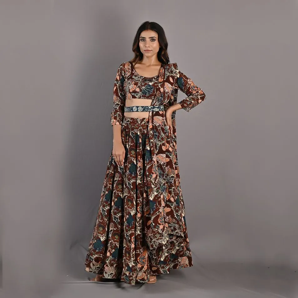 Zaria- Maroon & Multi Printed Lehenga with Embroidered Blouse & Belt Set